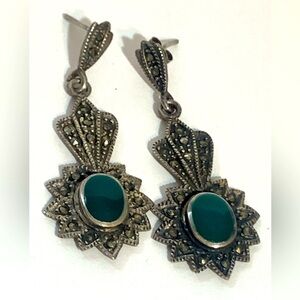 Vintage Art Deco Intricate Green and Silver Sunburst Earrings